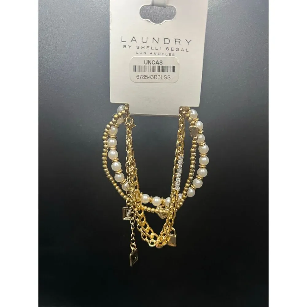 New Laundry by Shelli Segal Gold Toned Chain and Faux Pearl 4 Layering Bracelets